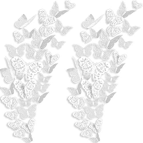 Bememo 72 Pcs 3D Butterfly Wall Decals, 3 Sizes,White | Metallic Hollow Design for Bedroom Living Room, Removable Adhesive Wall Decor, Easy Peel Stick Party Decoration Stickers by Bememo