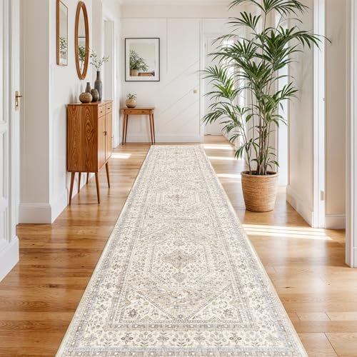 3x16 Washable Hallway Runner Rug - Non-Slip Vintage Kitchen Rugs Beige Gray - Image 2