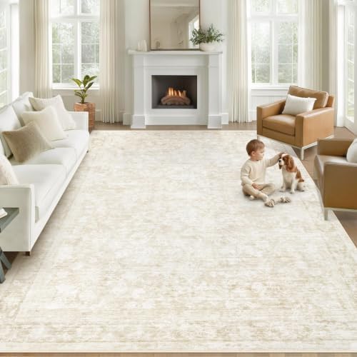 8x10 Area Rugs for Living Room: Washable Large Vintage Floral Rug Low Pile Non-Slip Boho Carpet for Bedroom Dining Home Office (Beige, 8'x10') by LOSBULAKE