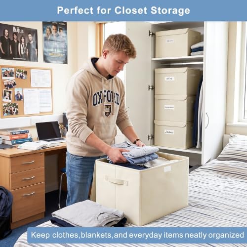 Bagnizer Large 42 Quarts Collapsible Stackable Storage Bins Cube with Lids [3-Pack] Foldable Fabric Linen Storage Boxes, Closet Organizer Baskets with Label for Home (16.7 x 12 x 12, Beige) - Image 3