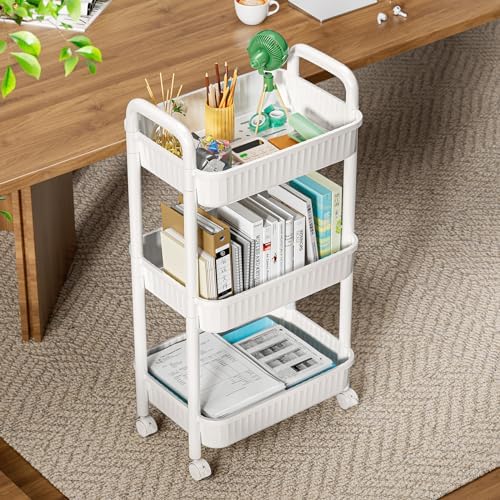 JOYZAN 3 Tier Rolling Carts with Wheels, Utility Cart with Handle and Locking Caster, Storage Cart for Kitchen, Office, Bedroom, Suitable for Diaper, Art Tools, Snack, Craft Storage Cabinet, White - Image 3