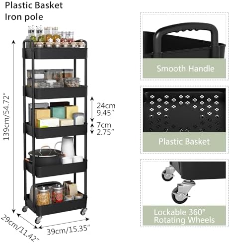 Sywhitta 5-Tier Plastic Rolling Utility Cart with Wheels,Black - Image 3
