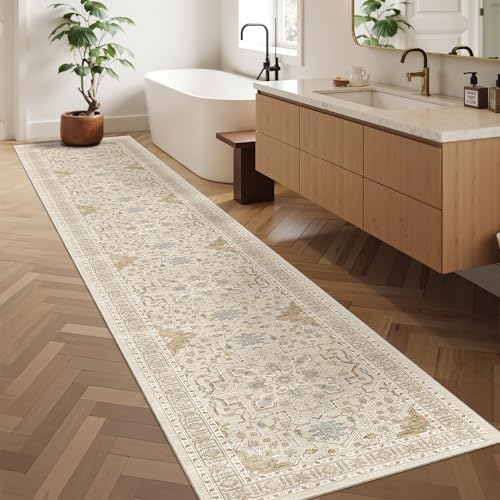 Madane Washable Runner Rugs 2x12 Long for Hallway Kitchen Soft, Beige/Blue - Image 3