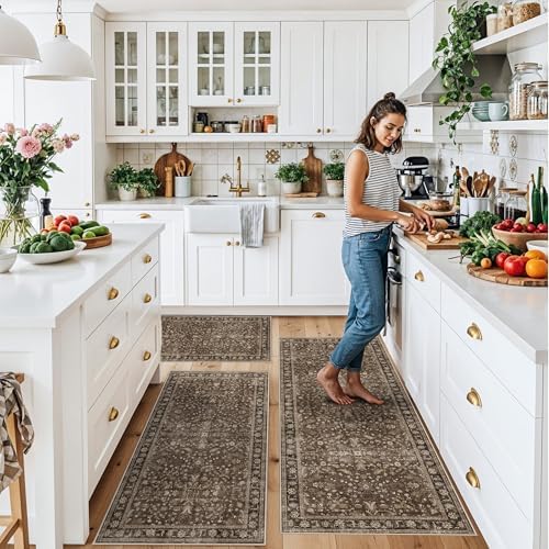 Washable Non-Skid 3 Piece Kitchen Rugs Set – Modern Boho Floral Low-Pile Area Rugs and Runner for Entryway, Bathroom, Hallway – Decorative Small Indoor Rugs (Brown, 2x3+2x4+2x5) - Image 3