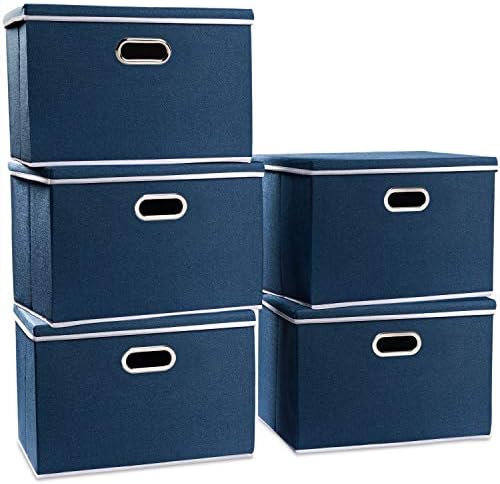 PRANDOM Large Collapsible Storage Bins with Lids [5-Pack] Fabric Foldable Storage Boxes Organizer Containers Baskets Cube with Cover for Home Bedroom Closet Office Royal Blue(17.7x11.8x11.8) by Prandom