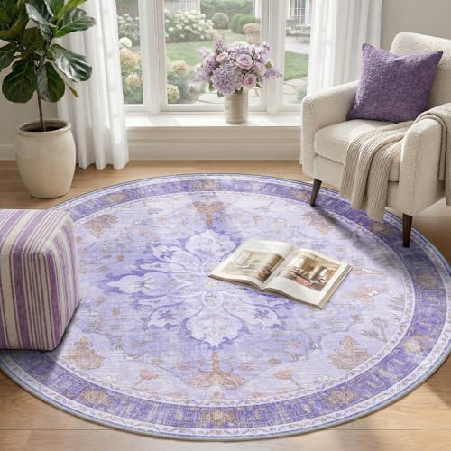 RELEANY Washable Area Rug, Round 4ft, Purple - Image 2