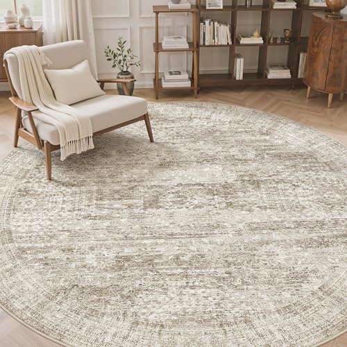 Soalmost Round Rugs 8ft Living Room Circle Area Rug 8x8 Brown Vintage - Image 4