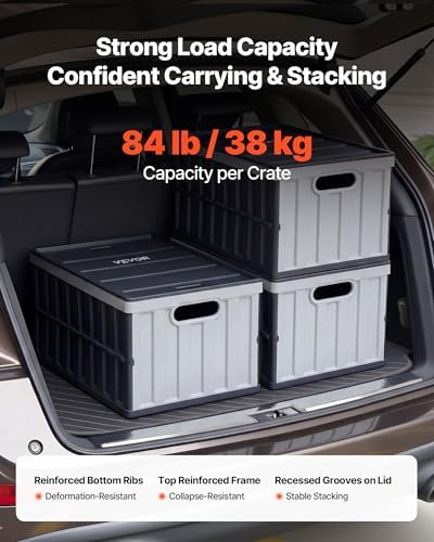 VEVOR Plastic Collapsible Storage Bins with Lids, 65L 3 Packs, Stackable Folding Storage Crates with Handles, Holds 84 lbs Per Bin, Heavy Duty Containers, Space-Saving Baskets, for Home Organizing - Image 3