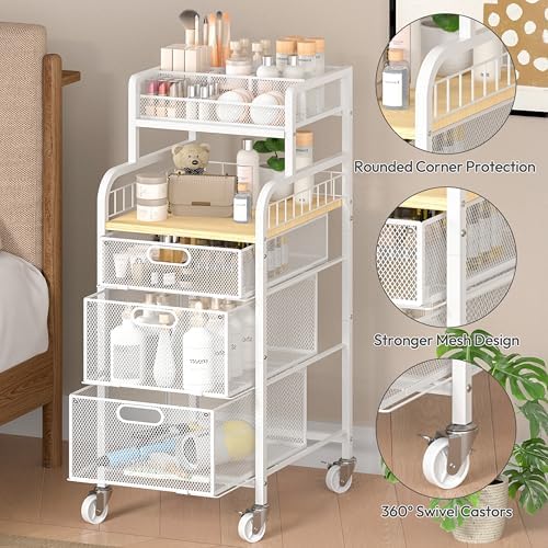 SWTYMIKI Rolling Cart with Drawers - Metal Craft Cart with Wheels, DIY Divider and Wood Shelf, Art Supply Organizer Craft Organizer and Storage, Utility Storage Cart for Home Office Studio, White - Image 5