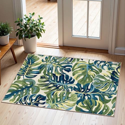 Front Door Mat Outside Entrance - 2x3 Tropical Leaf Entryway Rug by Othilic