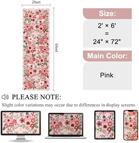 DUKINO 2x6 Runner Rug, Floral Washable Rug for Kitchen Non Slip, Pink - Image 2