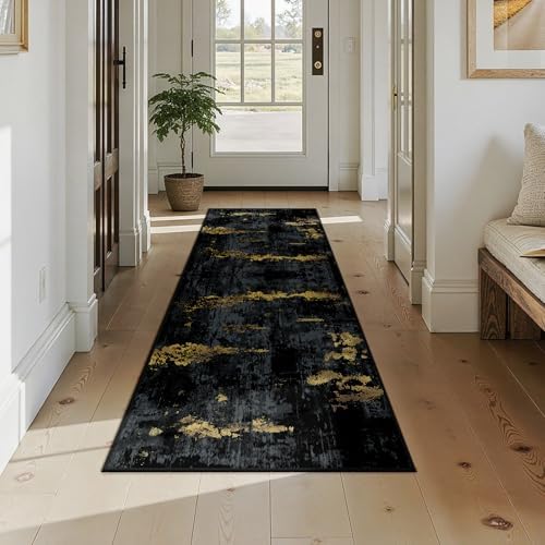 RELEANY Washable Runner 2'x7' Abstract Area Rug for Hallway Black Gold - Image 3