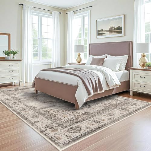 Washable Rugs 6x9 Area Rug：Large Rugs for Living Room - Oriential Distressed Printed Floral Carpet - Non Slip with Rubber Backing Area Rug 6'x 9' Beige by YOUFORTONG