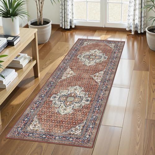 Washable Area Rug 2'6'' x 8' Vintage Traditional Persian Mat - Foldable Distressed Non-Slip Machine Washable Carpet for Living Room Bedroom Kitchen Home Decor - Terracotta and Navy by Unknown
