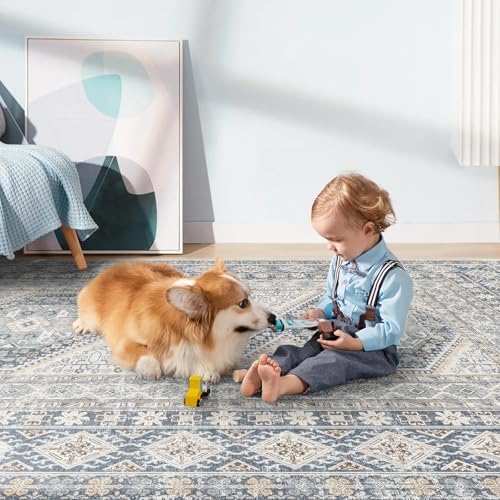 Ksrau 3x8 Runner Rug Washable Vintage: Non Slip Kitchen Runners Blue - Image 3