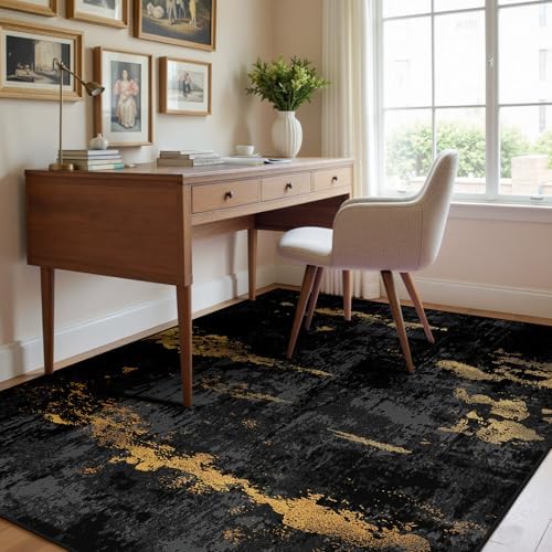 RELEANY Washable 4'x5' Abstract Area Rug for Living Room Black Gold - Image 2
