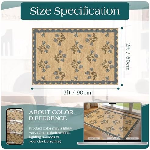 Front Door Mat Outside Entrance - 2x3 Jute-Look Blue Floral Rug - Image 2