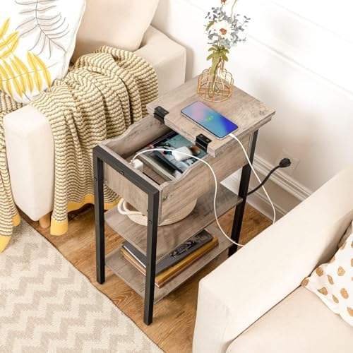 HOOBRO Side Table, Flip End Table with Charging Station and Shelves, USB Ports & Power Outlets, Narrow Nightstand for Small Spaces, Living Room, Stable and Sturdy, Greige and Black BG341BZ01 - Image 6