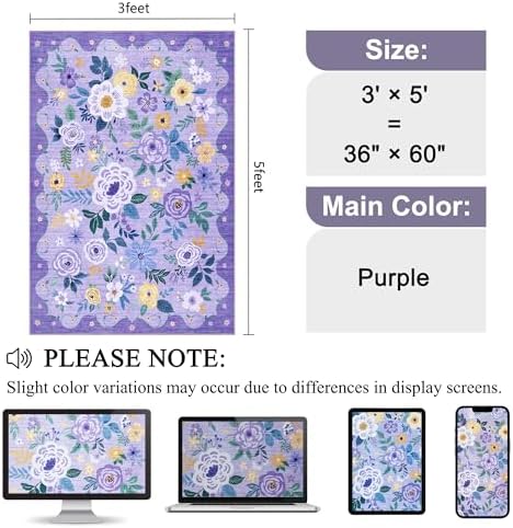 DUKINO 3x5 Area Rug, Floral Washable Rug for Bedroom Non Slip, Purple - Image 2