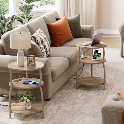 Round Side Table with Power Outlet, USB Type C Port, 3-Tier End Table - Image 7