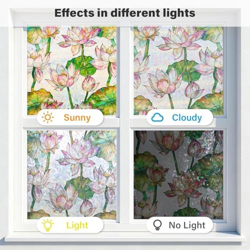 Donox Window Privacy Film Static Cling, Decorative Stained Glass Style Tint, Lotus Pattern with Rainbow Effect for Home and Office, UV Blocking No Glue Removable, 17.5 x 157.4 inches - Image 5