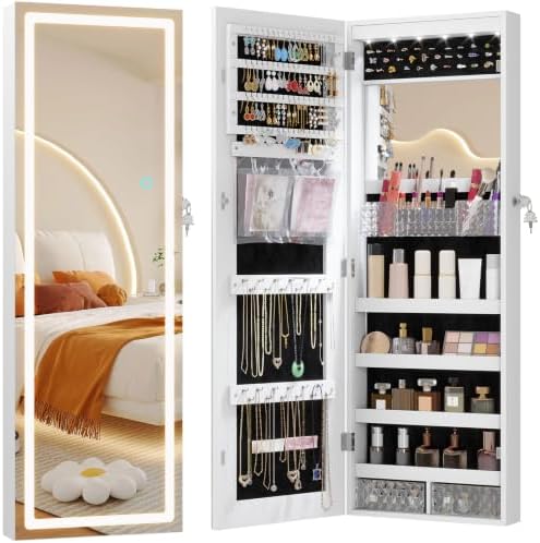 LVSOMT 42.5" Wall Mounted Jewelry Organizer with LED Mirror, White by DecorateHomeatEase