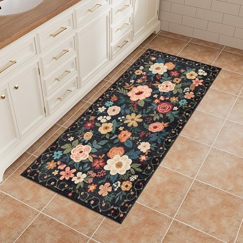 DUKINO 2x4 Entryway Rug, Floral Washable Kitchen Rugs Non Slip, Black - Image 6
