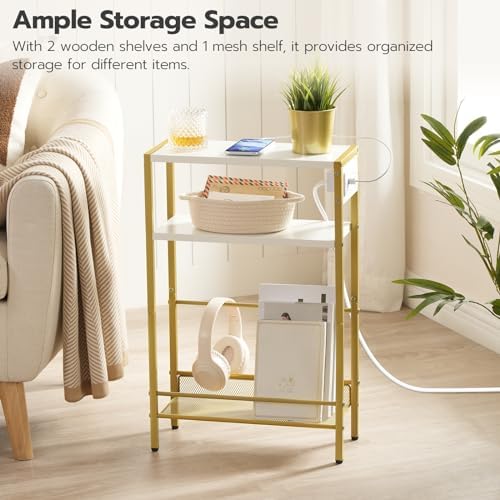 HOOBRO Small Narrow Side Table with Charging Station, Skinny End Table for Small Spaces, Slim Nightstand with USB Ports Outlet, Sofa Beside Table with Storage Shelf, White and Gold DW102UBZ01 - Image 4