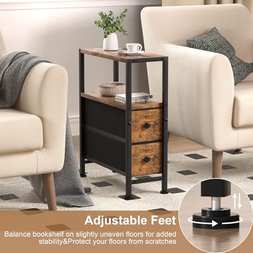 Small Narrow Side Table with Drawers, Skinny End Table for Small Spaces, Slim Nightstand with Storage, sofa bedside Table in Living Room, Bedroom, Study, kitchen and Balcony (Rustic Brown)M-LBZ83B1V1 - Image 5