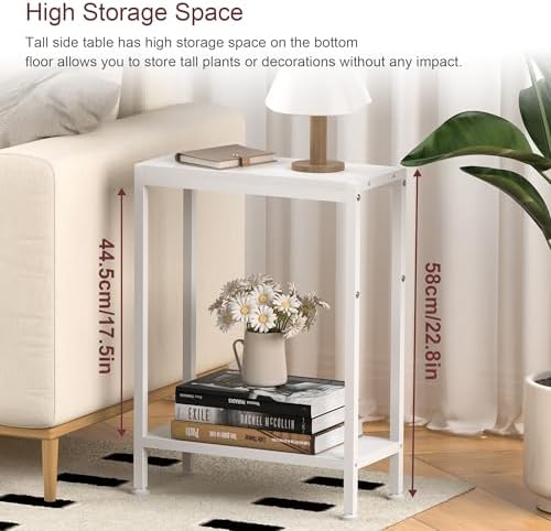 Narrow Side Table for Small Space, 2-Tier Slim End Table, Thin Nightstand, Skinny Snack Couch Table, Sofa Bedside Table, Tall Plant Stand in Living Room, Bedroom, Study, Kitchen and Balcony (White) - Image 6
