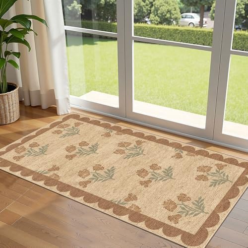 Front Door Mat Indoor Entrance - 2x4.3 Ft Tan Floral Washable Layered Doormat Outdoor Entrance Porch Rug Non-Slip Neutral Country Jute-Look Runner Rug for Kitchen Mud Laundry Room Porch Decor by Othilic