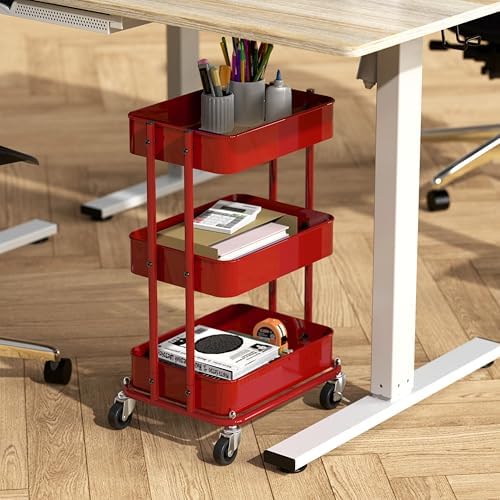 Simple Houseware 3-Tier Utility Cart, Low 24" Height Fits Under Desk, Red - Image 2