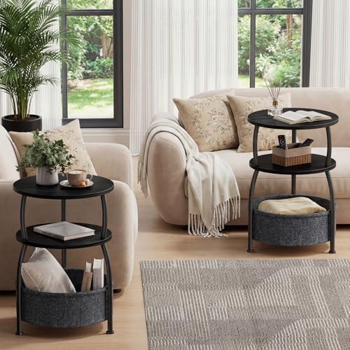 Round Side Table with Storage Basket, End Table Living Room, Black - Image 4