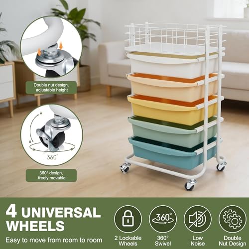 Rolling Storage Utility Cart Organizers with 5 Drawers and Metal Tabletop - Image 4