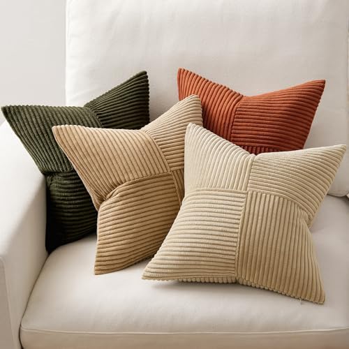 MIULEE Rust-Olive Green Decorative Throw Pillow Covers 20x20 Inch Set of 4 Boho Color-Clash Cushion Cases Farmhouse Pillow Cases Corduroy Striped Home Decor for Couch Sofa Living Room Bed - Image 5