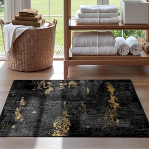 RELEANY Washable 2'x3' Abstract Area Rug for Living Room Black Gold - Image 3
