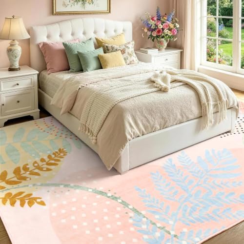 6x9 Ft Washable Area Rug for Living Room Cream Pink Modern Neutral Carpet - Image 3