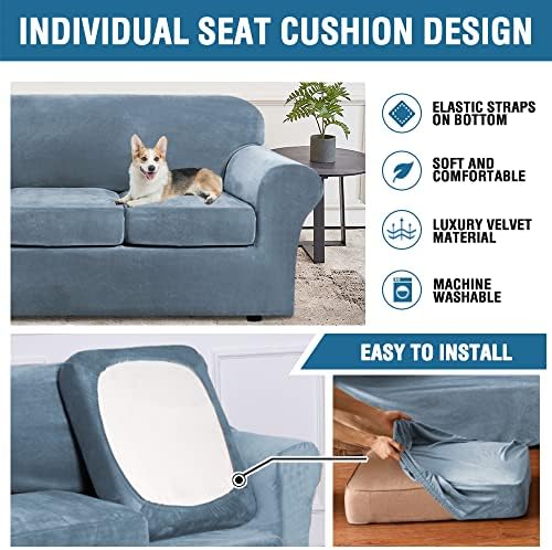 H.VERSAILTEX Modern Velvet Plush 4 Piece High Stretch Sofa Slipcover Sofa Cover Furniture Protector Form Fit Luxury Thick Velvet Sofa Cover for 3 Cushion Couch Width Up to 90 Inch (Sofa,Stone Blue) - Image 6