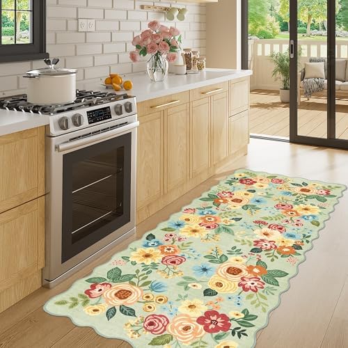 DUKINO 2x5 Washable Runner Rug, Floral Non Slip Rug for Kitchen, Green - Image 3