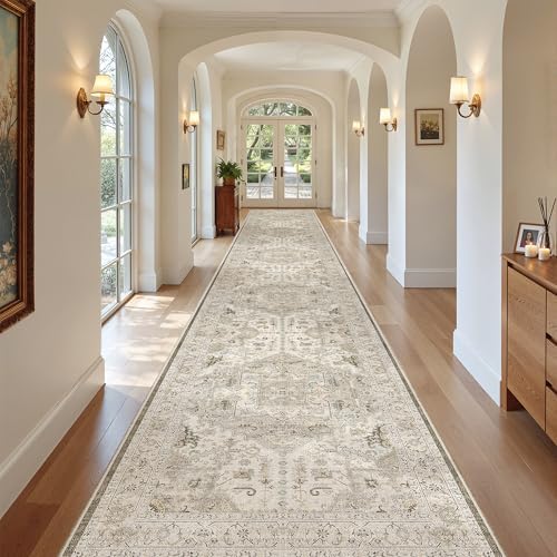 Madane Hallway Runner Rug 3x18 Washable Kitchen Runners 18ft, Ivory/Brown by Madane