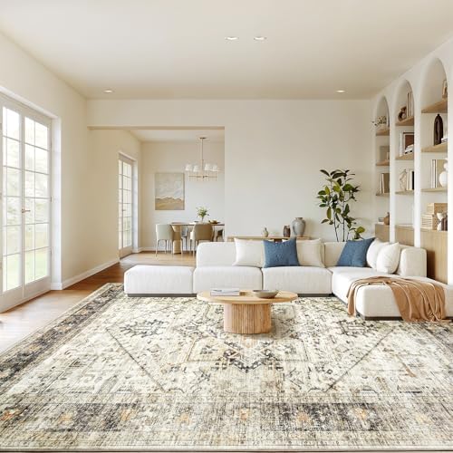 AMADA HOMEFURNISHING Washable Area Rug, Low-Profile Large Area Rug with Non-Slip Backing & Durable Edge Binding, Vintage Large Rugs for Living Room, Bedroom, Dinning Room, 9x12, Grey/Beige by AMADAHOMEFURNISHING