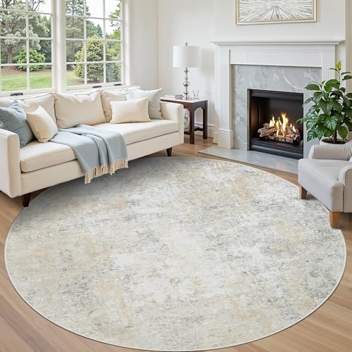 Aelenmu Round Rug 8ft Washable Rug for Dining Room Living Room Beige Grey by Aelenmu