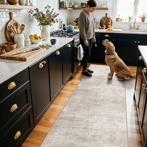 Abstract 2x10 Kitchen Rug Runners - Washable 10ft Hardwood Sink Rugs Non-Slip Hallway Entryway Area Rug Soft Floor Mat Indoor Farmhouse Carpet for Bathroom Living Room Bedroom (2 X 10,Beige/Cream) - Image 2