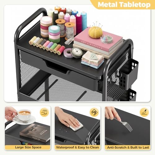KINGBOARD 3 Tier Metal Rolling Cart with Drawer, Black Utility Storage Cart | 2 Cups & 4 Hooks, Lockable Wheels, Trolley Organizer for Bathroom, Kitchen, Office, Nursery, Dorm, Laundry, Craft Room - Image 5