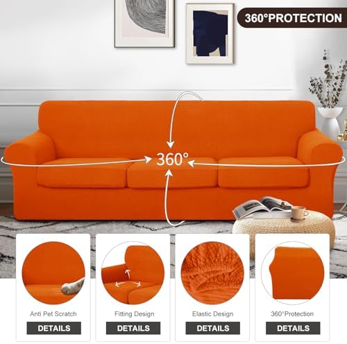 U-NICE HOME 4 Pieces Oversized Stretch Couch Cover Slipcover, Orange - Image 4
