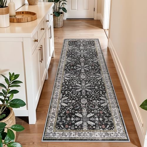 2x6 Washable Kitchen Runner Rug – Non-Slip Boho Vintage Carpet Runner for Hallway, Entryway, Bedroom & Bathroom – Soft Low-Pile Thin Area Rug with Rubber Backing (Black,2x6) by BYYVOORugsforYourHome