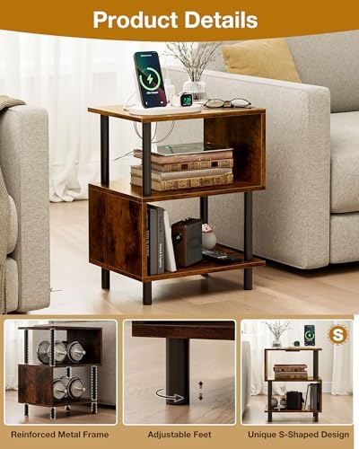Frylr Side Table, Night Stand and End Table with Power Outlets and USB Ports, Strong Metal Frame, 44lb Capacity per Tier and Leveling Feet for Bedroom, Bedside, Living Room Small Space, Rustic Brown - Image 5