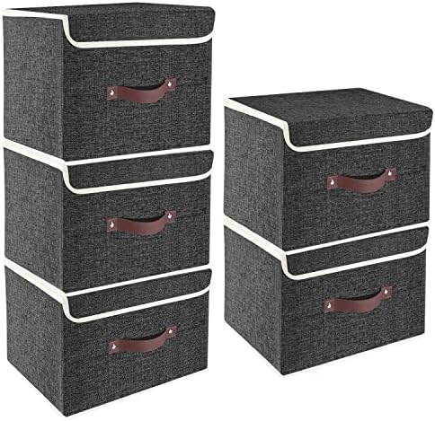 TYEERS Foldable Storage Boxes with Lids 5 Pack Fabric Storage Bins with Lids, Closet Organizers for Clothes Storage, Room Organization, Office Storage, Toys - Black by StorageOrganization