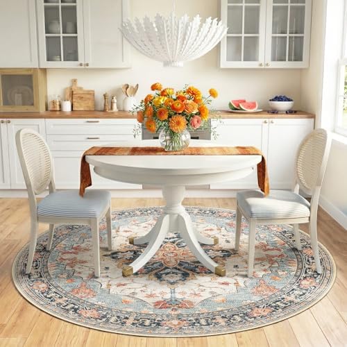RELEANY Washable Area Rug, Round 6ft, Beige/Blue/Orange - Image 2