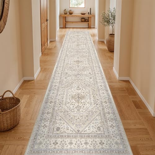 3x14 Washable Hallway Runner Rug - Non-Slip Vintage Kitchen Rugs Beige Gray - Image 3